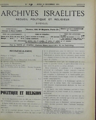 Archives israélites de France. Vol.96 N°98-99 (13 déc. 1934)